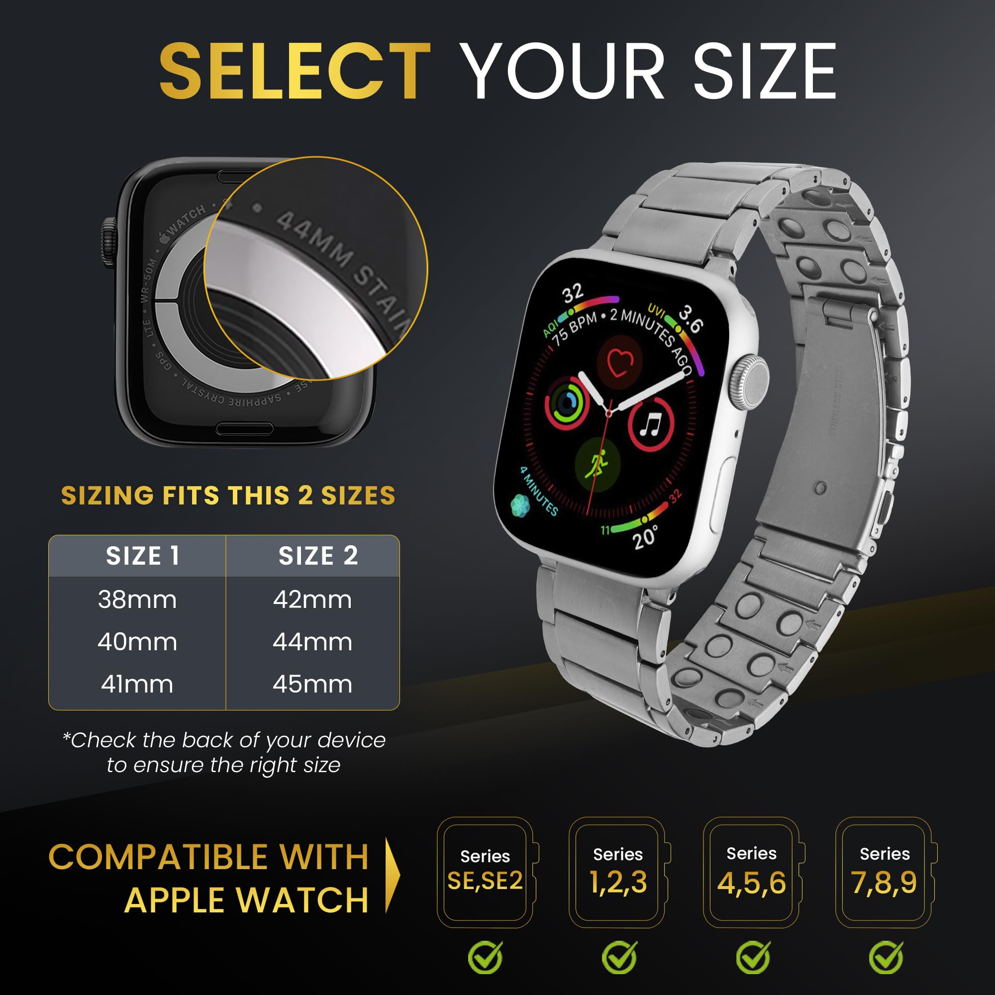 MagnetRX Magnetic Band for Apple Watch - 316L Stainless Steel Ultra Strength Magnet Watch Band Compatible for Apple Watch Series 6/5/4/3/SE (38mm/40mm/41mm, Black)