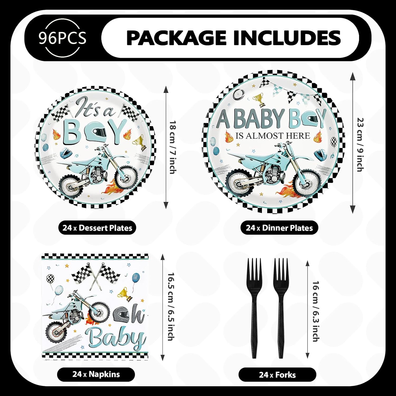 96Pcs Motorcycle Birthday Party Decorations Dirt Bike Motocross Plates and Napkins Tableware Set Watercolor Motorbike Decorations Favors for Boys Kids Baby Shower Birthday Party Supplies Serves 24