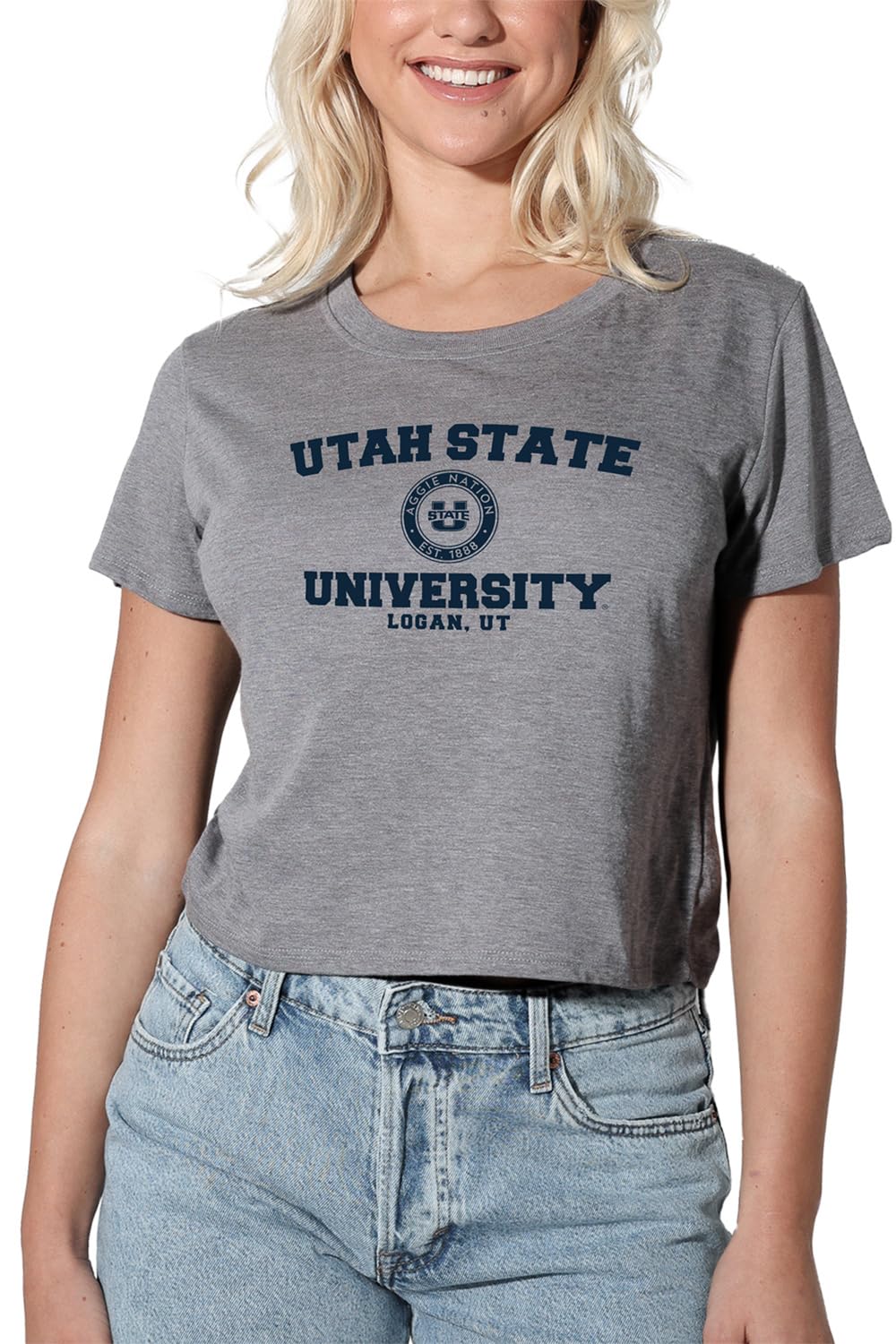 Official Collegiate Distressed Circle Logo Women's Apparel Crop Top T-Shirt Collection, Athletic Heather