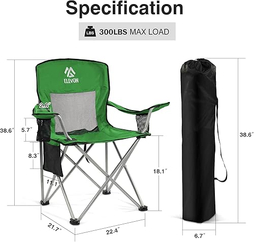 Vista 3 de Silla de camping Elevon, silla plegable portátil al aire libre con brazos, soporte para tazas y bolsa de transporte Verde