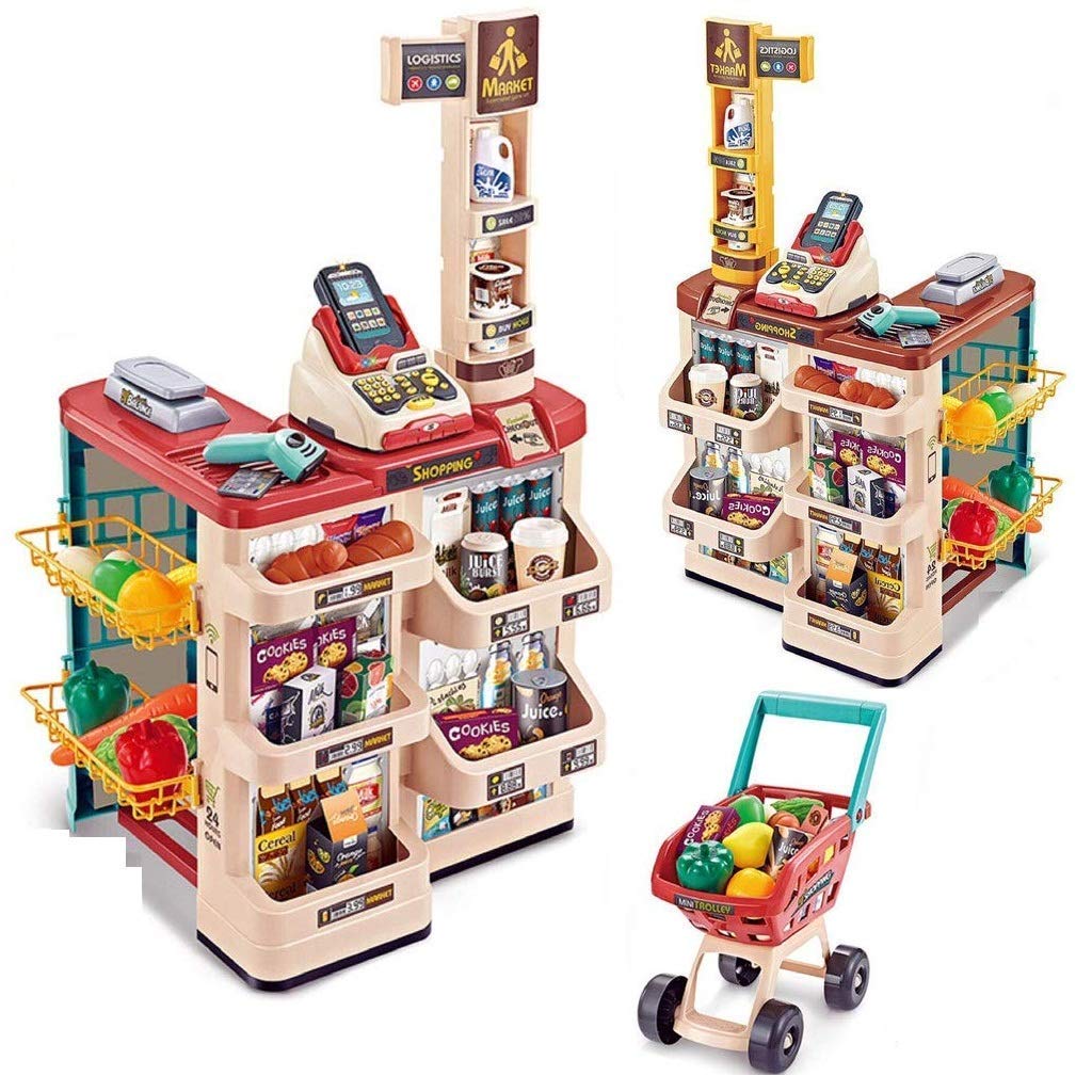 Nex Vox Kids Home Supermarket Super Market Set Toy with Shopping cart and Sound Effects Pretend Play Kitchen Set Kids (Supermarket,Green)