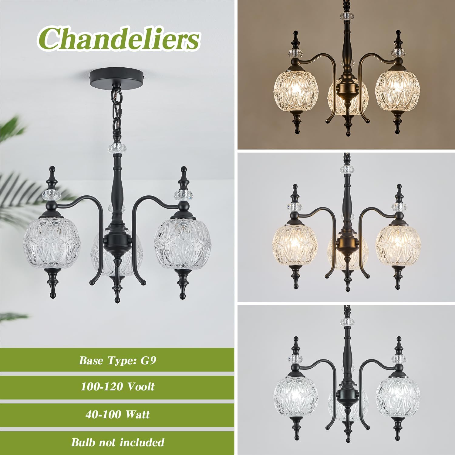 3-Light Black Pendant Light Fixtures, Modern Chandeliers for Kitchen Island Antique Kitchen Island Pendant Light for Farmhouse Living Room Bedroom Hotel