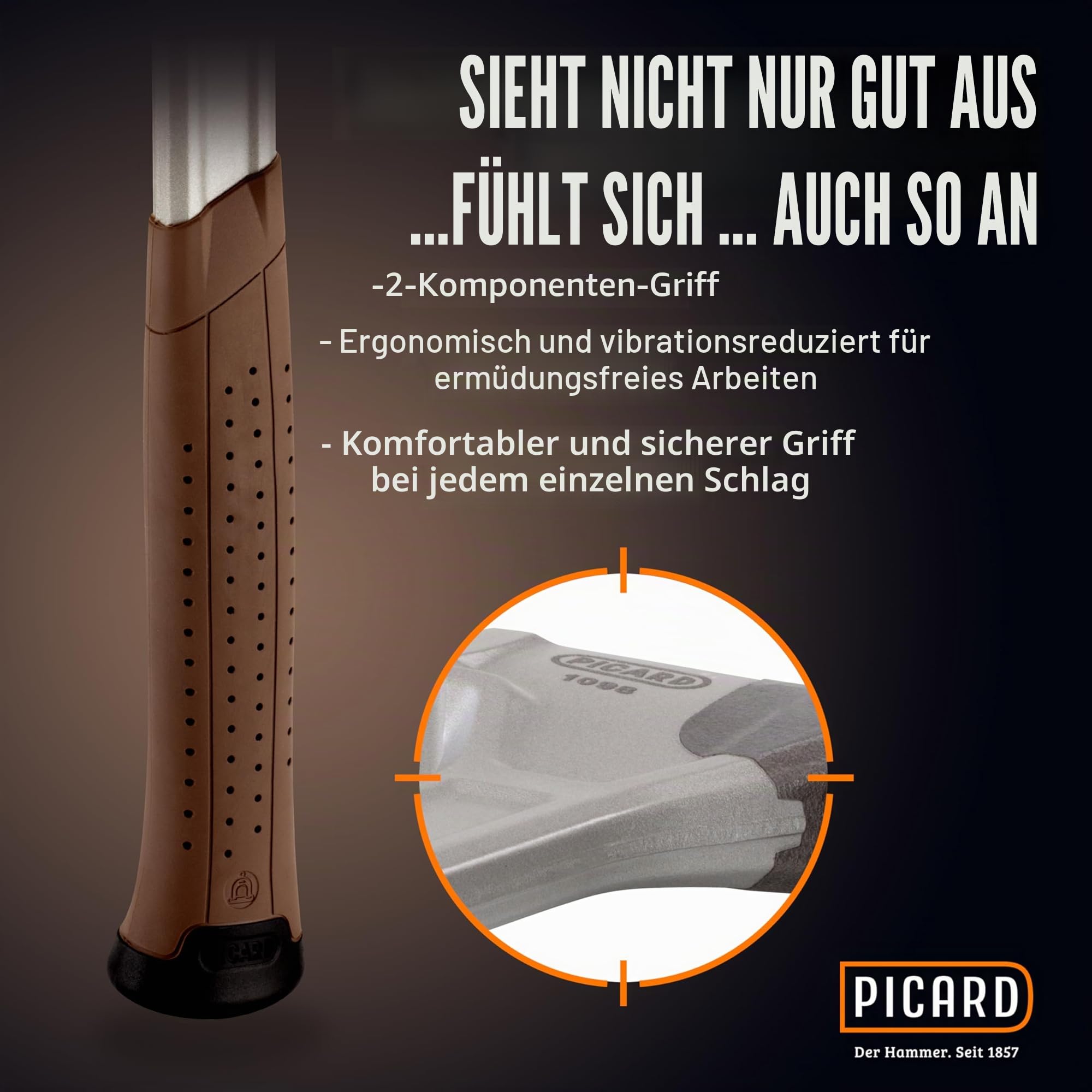 Picard Hammerhammer AluTec | Aluminium & geschmiedeter Stahl | Hybridkopf | Magnetischer Nagelhalter | Ergonomischer Griff | GS geprüfte Sicherheit | VPA zertifiziert