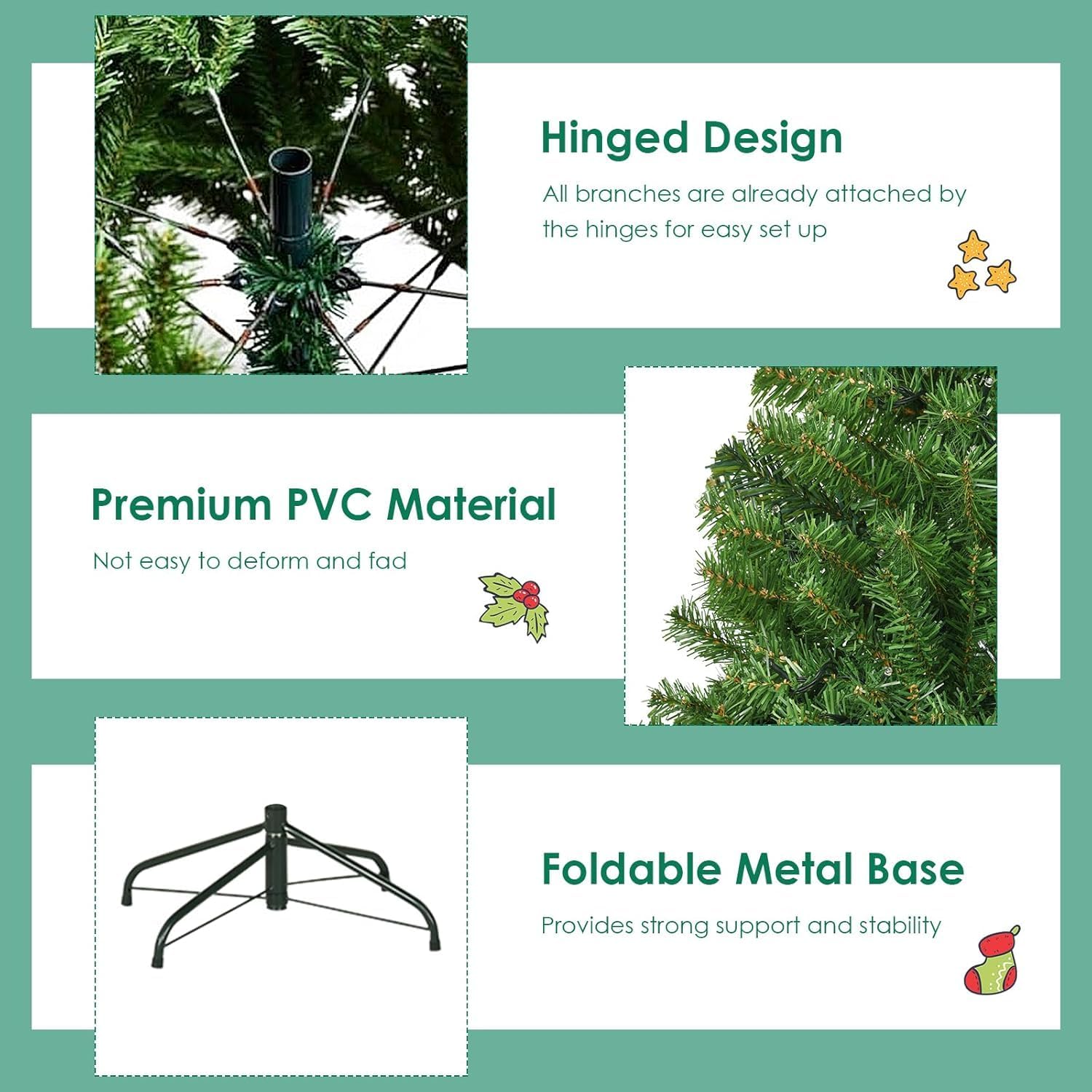 Close-up of hinged branch design, premium PVC material, and foldable metal base