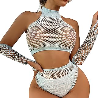 Women Sexy Sparkle Rhinestone Teddy Fishnet Off Shoulder Bodysuit Tops Long Sleeve One Piece Clubwear Lingerie Mesh
