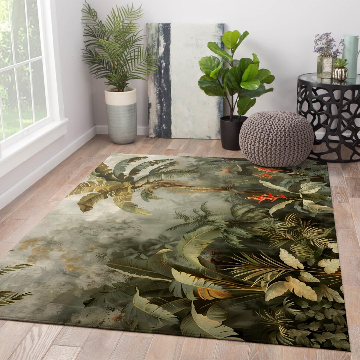 140 x 200 cm Tropikalny dywan dżungli ptaki liście palmowe można prać