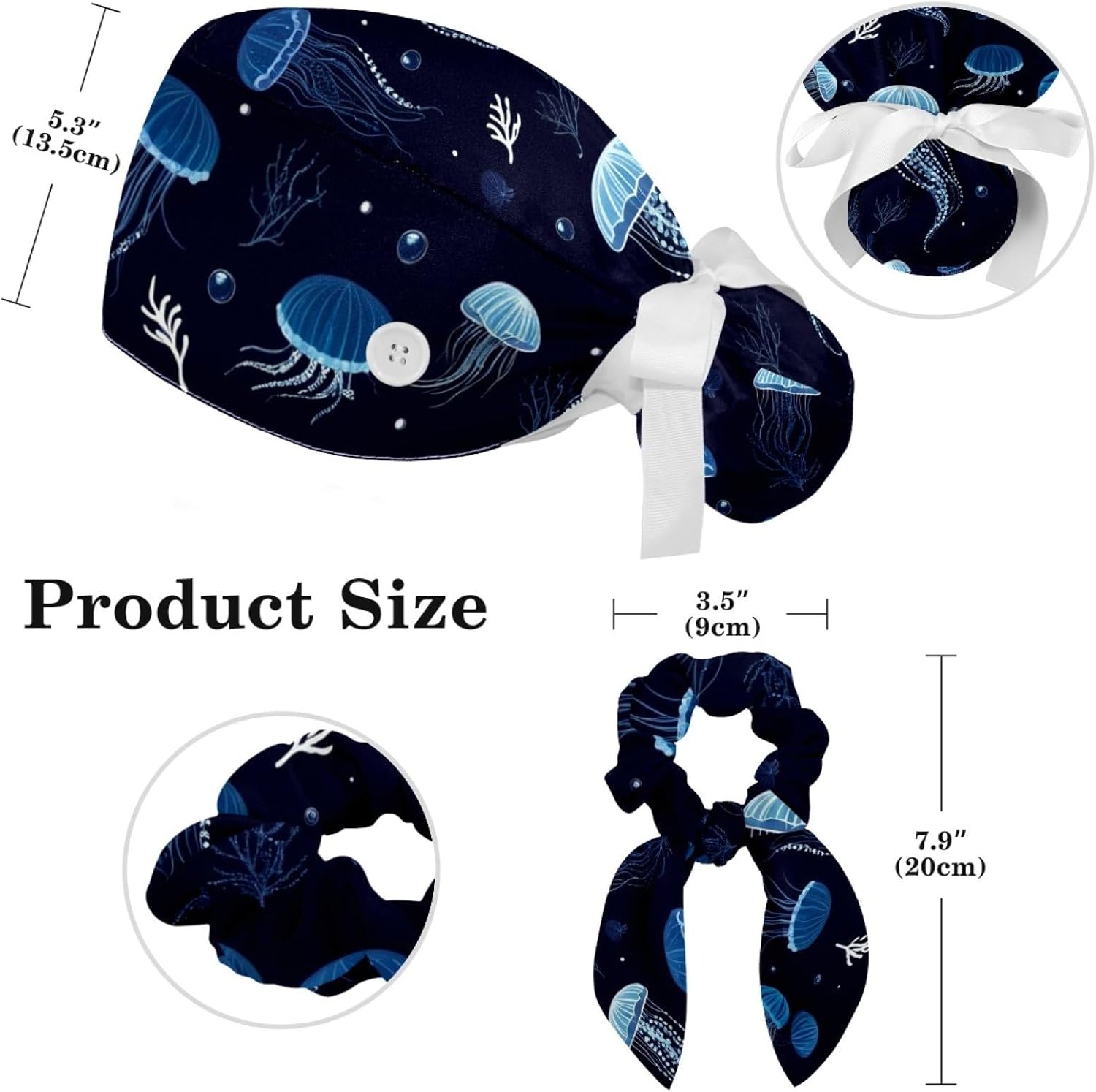 Scrub Caps Women Nursing Hats Jellyfish Animal with Buttons Ponytail Working Adjustable Pouch Tie Back - Image 2