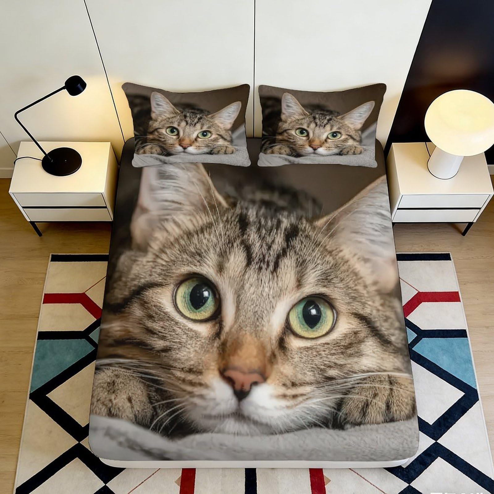 3D Printed Cat Face Fitted Sheet Microfiber Soft Decorative Tabby Kitten Bed Cover for Bedroom Dorm Mattress Protection 180x200x25cm