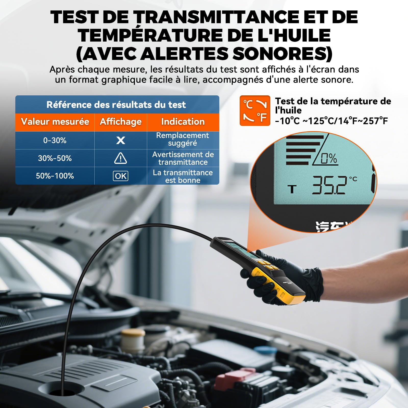 Testeur d'huile Moteur, Testeur de Qualité d'huile Moteur Essence et Diesel, Sonde Haute Précision, écran Rétroéclairé de 2,8 Pouces, Alertes Sonores