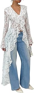 Women's Floral Lace Tops Tie V Neck Blouse Long Sleeve Ruffle High Low Elegant Shirt