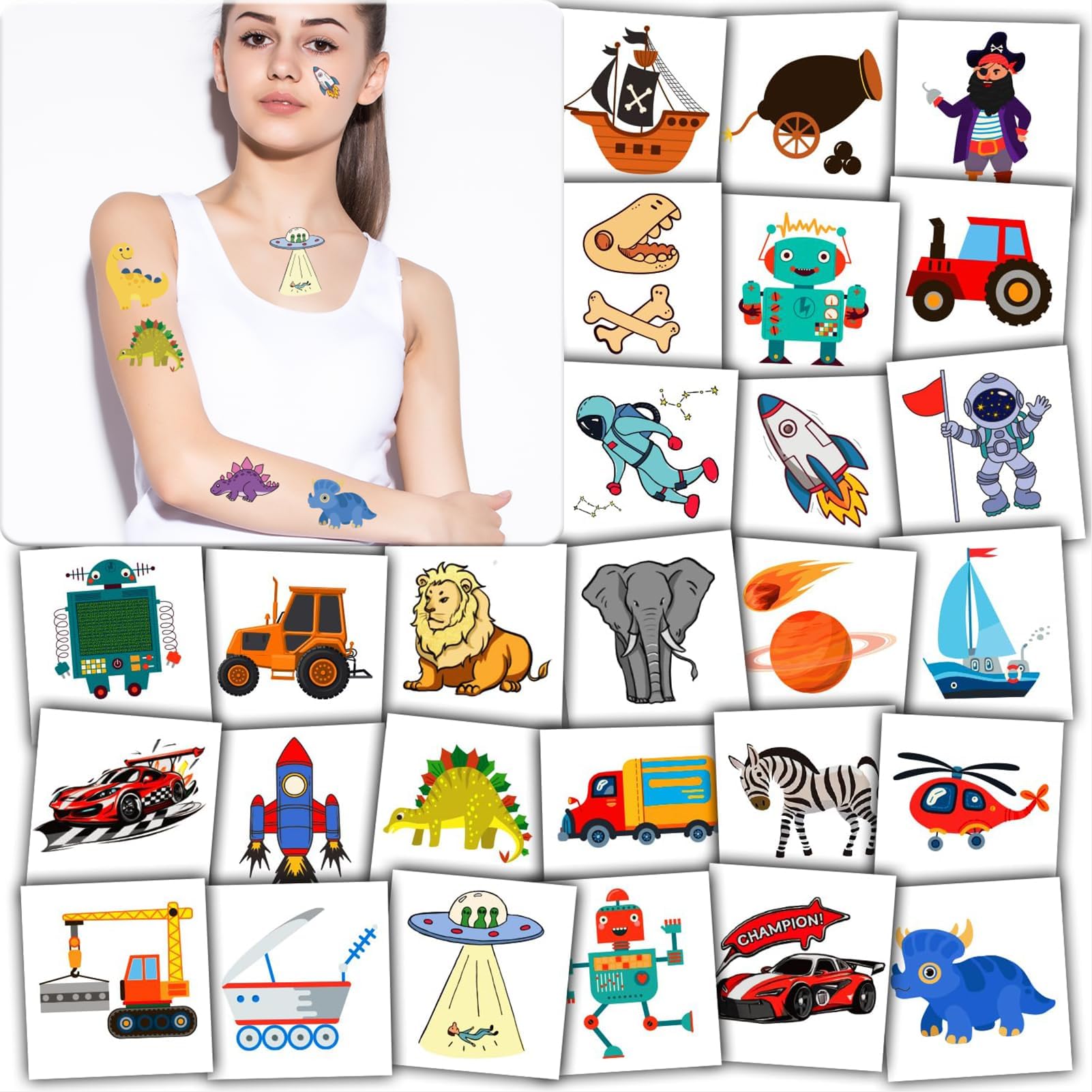 50 Styles Individually Cut Tattoos for Party Supplies Favors Decorations, Birthday for Dinosaur Pirate Space Construction Party Games