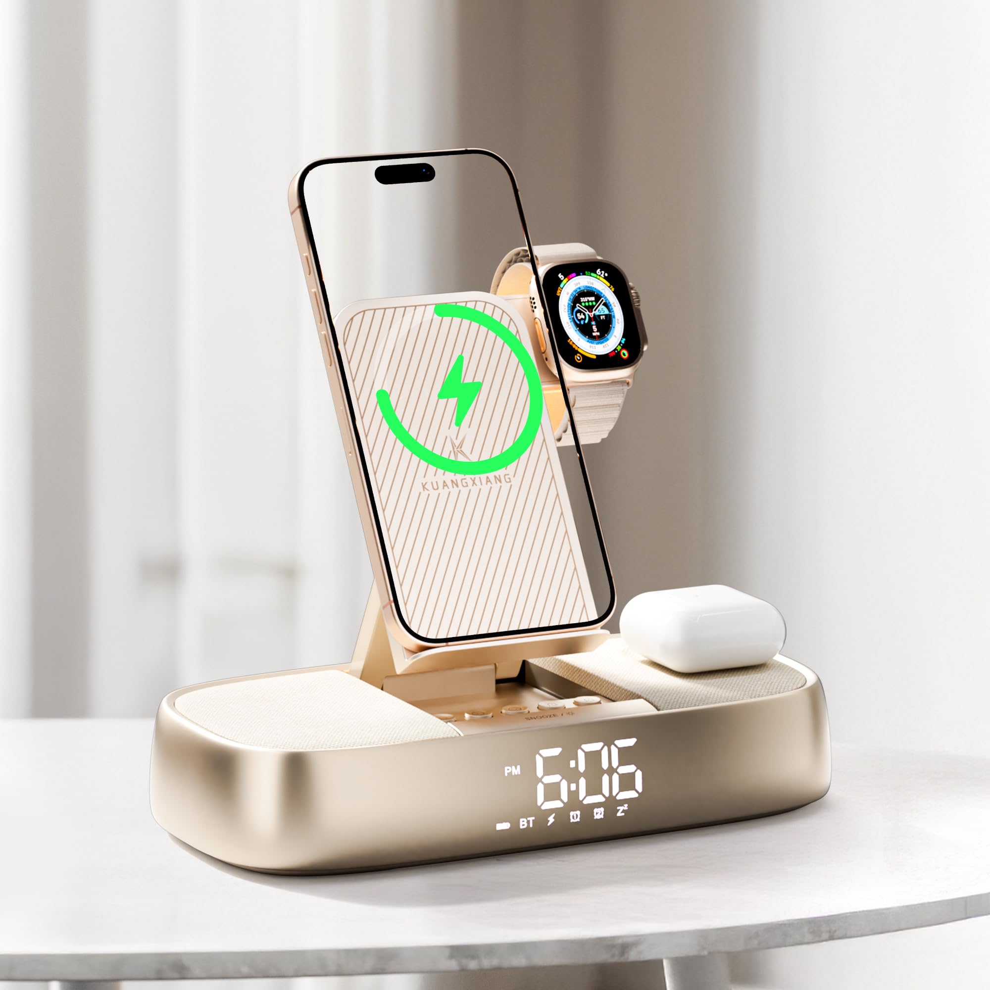 5 in 1 wireless charging station alarm clock bluetooth speaker night light | 15w wireless charger for iphone 17 16 15 14 13 12 apple watch airpods, digital alarm clocks for bedrooms, bedside night light