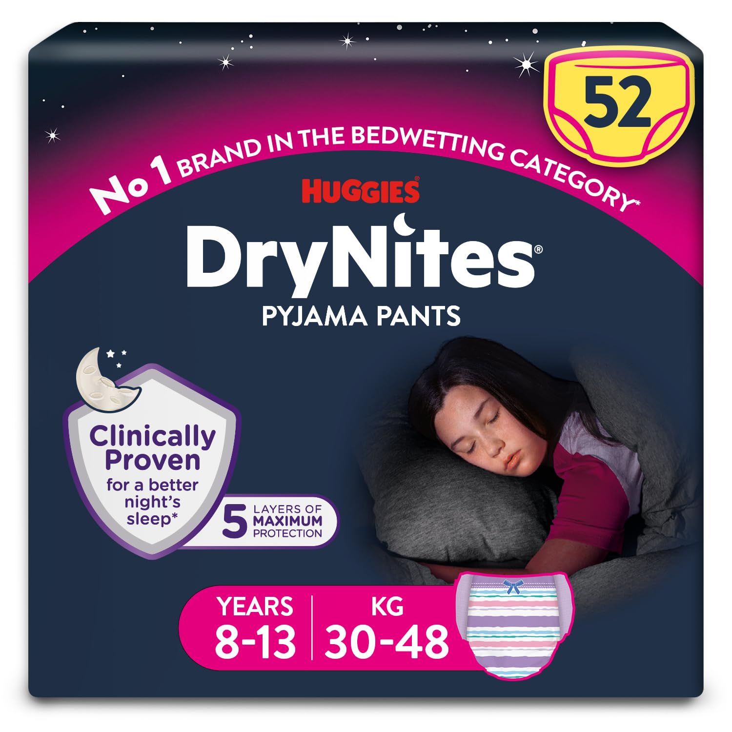 HUGGIES DryNites, Pyjama Pants, Girls 8-13 Years (30-48KG), 52 x Bedwetting Pants, Up to 100% Leak Free Nights