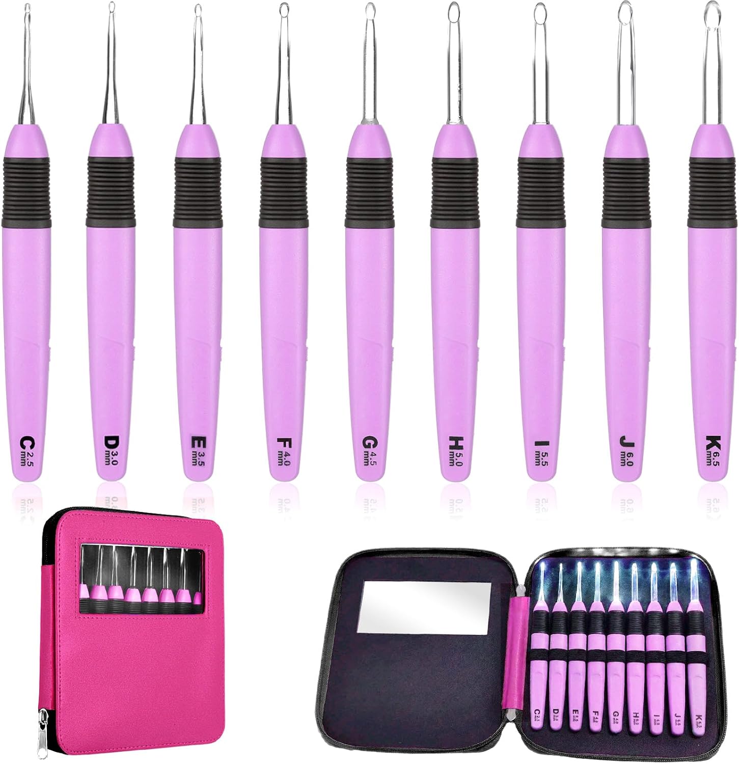 Chuangdi 9 Pieces Lighted Crochet Hooks with Case 9 Size LED Light Crochet Hooks Set Knitting Needles Craft Yarn Weaving Needles Comfortable Smooth Handle for Knitting, 2.5 mm-6.5 mm(Green)