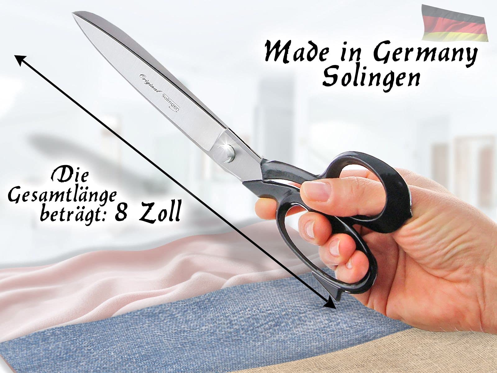 Stoffschere aus Solingen Schneiderschere mit Scharfem und Präzisem Schnitt – Made in Germany – Textilschere aus Hochwertigem Rostfreiem Edelstahl für Stoffe, Jeans, Textilien und Leder (8 Zoll)