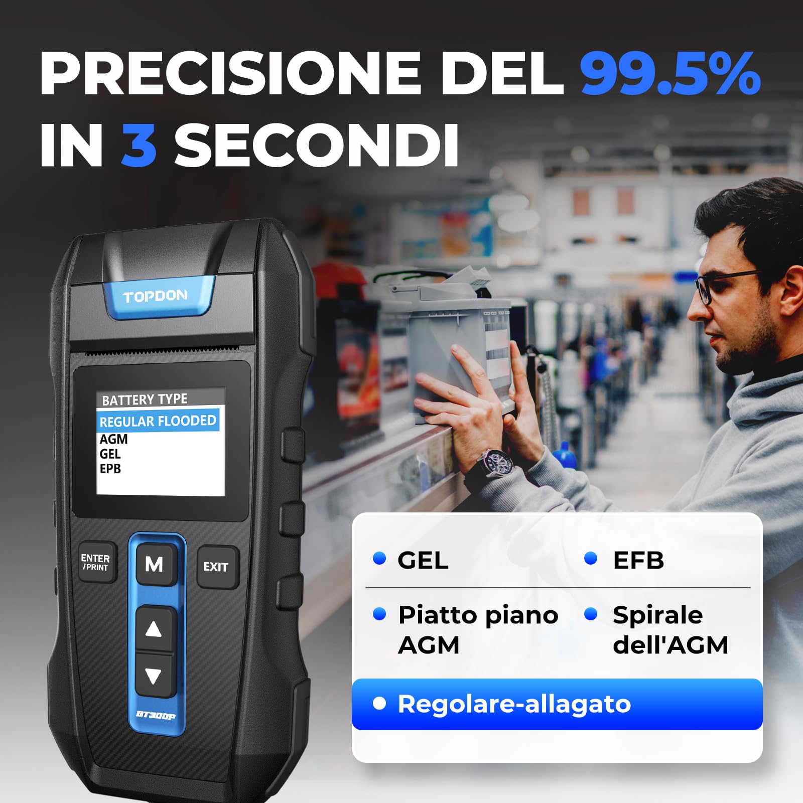 TOPDON Tester Batteria Auto BT300P, 12V 24V 100-2000 CCA Tester per Batterie con Stampante Incorporata, per Test Batterie/Caricabatterie/Sistemi di Ricarica, Adatto per Auto/Solidi/Autocarri Leggeri