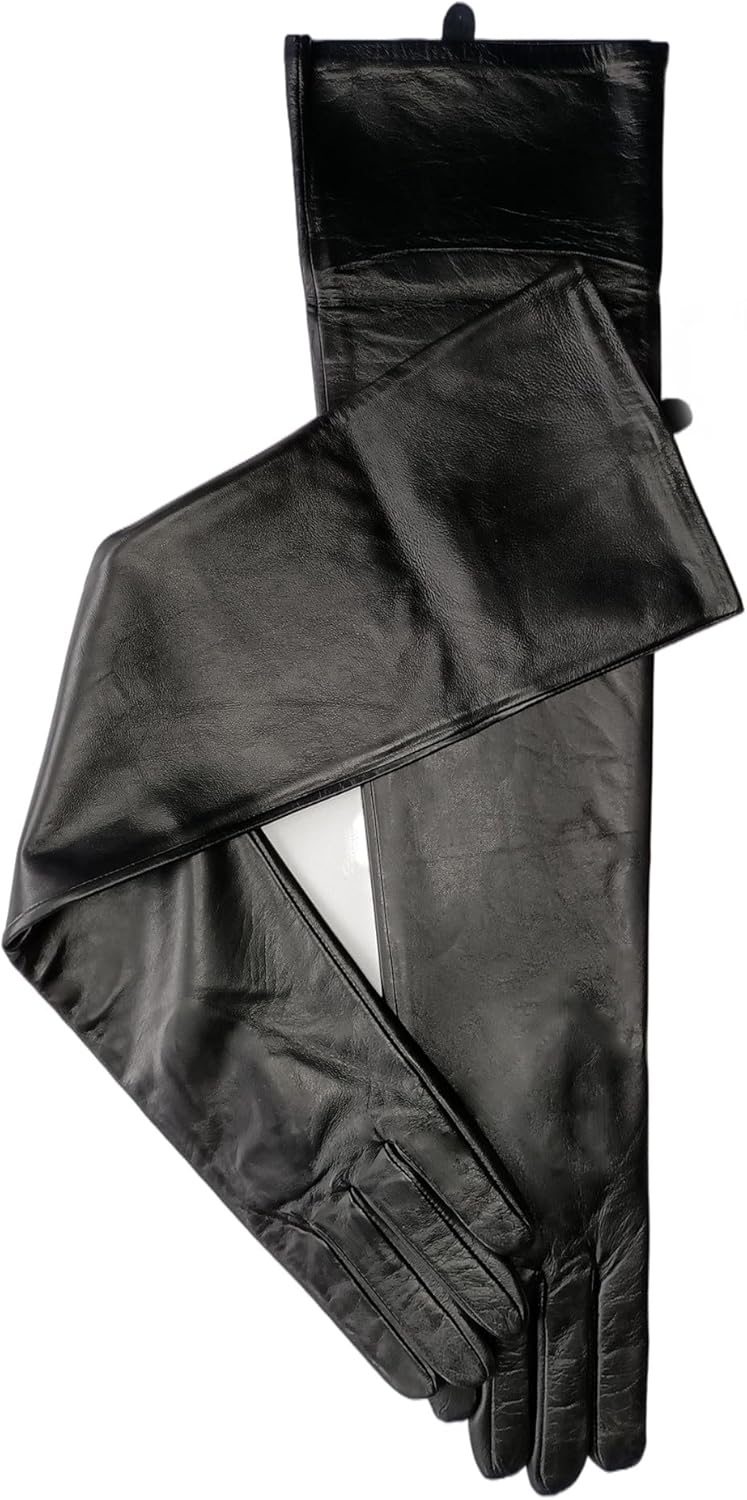 Women Opera Long Sheep Leather Gloves Genuine Soft Lambskin Above Elbow Gloves In Black
