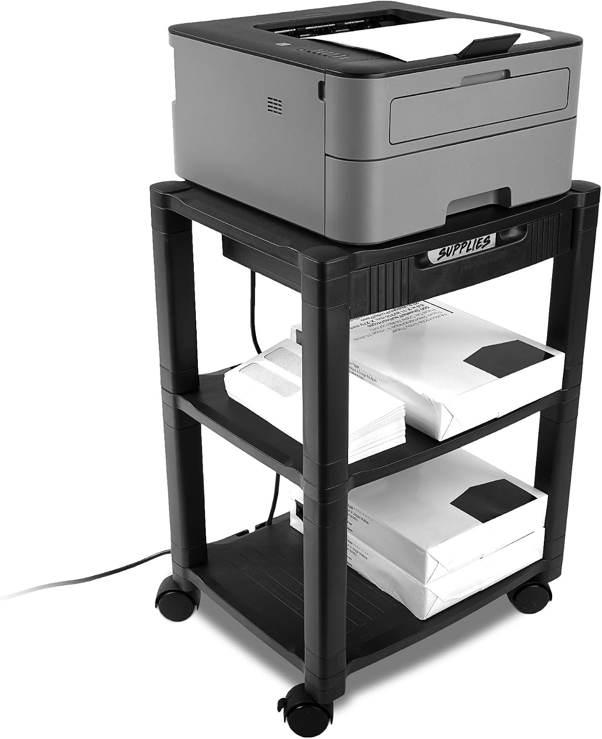 Circuit City PS3T 3 Shelf Wheeled Rolling Printer Cart Machine Stand with Built-in Storage and Cable Management - Holds Up to 75 Pounds (Black)