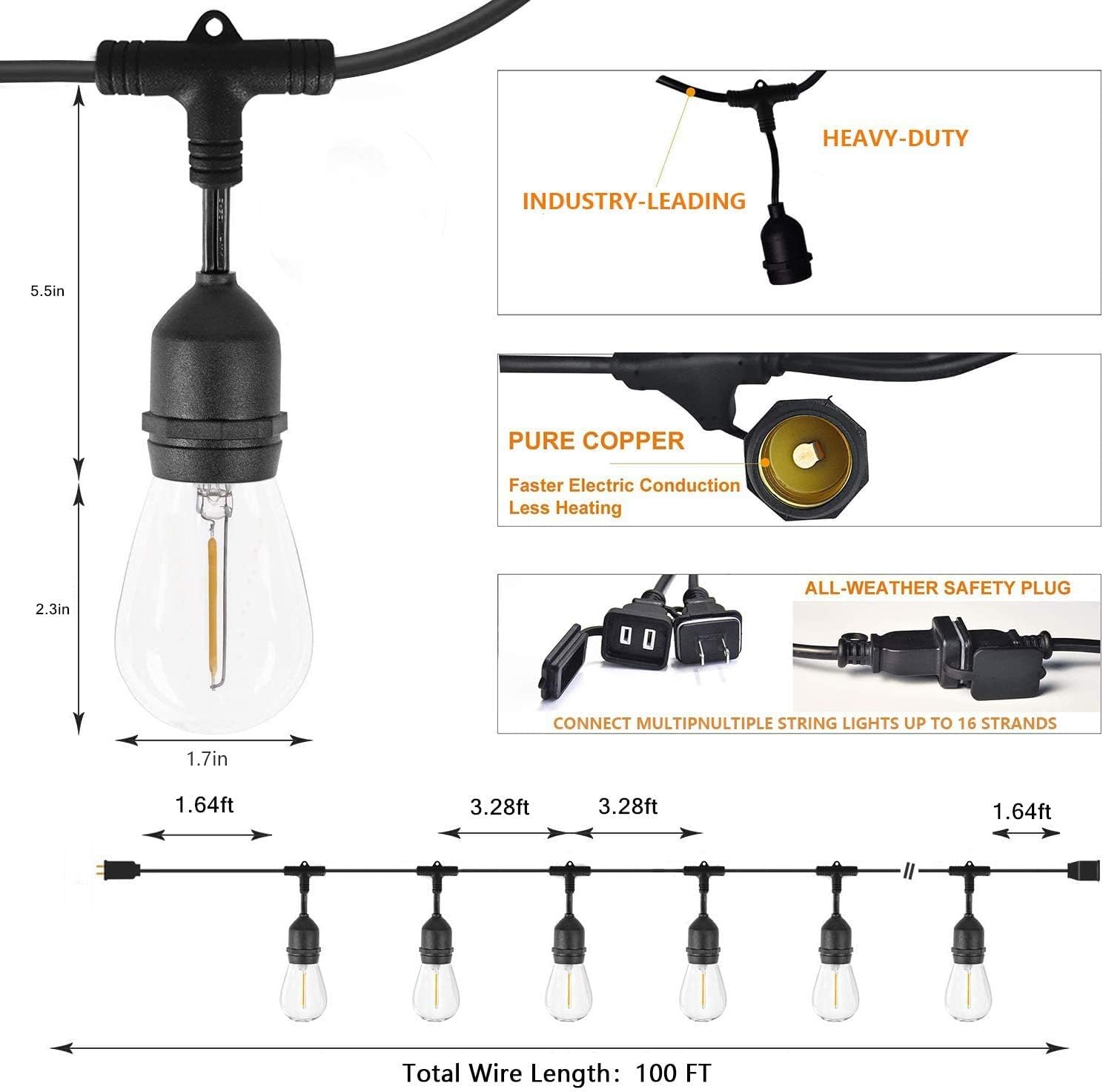 Suреr Brаndѕ String Lights Outdoor 100ft - Bomcosy Outdoor String Lights with 30+2pcs Shatterpoof S14 Edison Bulbs,1 Watt Dimmable 2700K, IP65 Waterproof, Commercial Grade Patio Lights for Backyard, Party