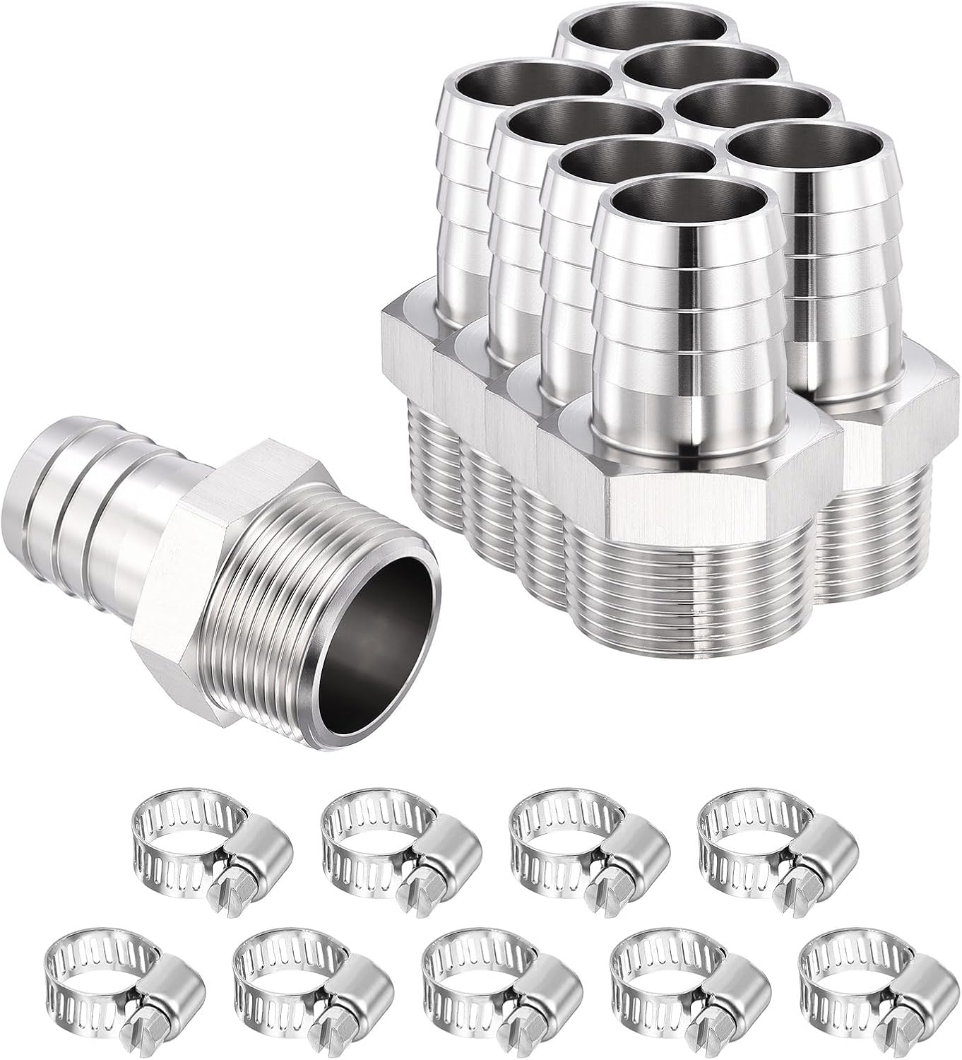 HARFINGTON 9Pcs 1" to 1" NPT Male 304 Stainless Steel Barb Fitting W/ 9Pcs Stainless Steel Clamp, Metals Splicer Mender for 3D Printing, Air Compressor, CNC Machine, Dies