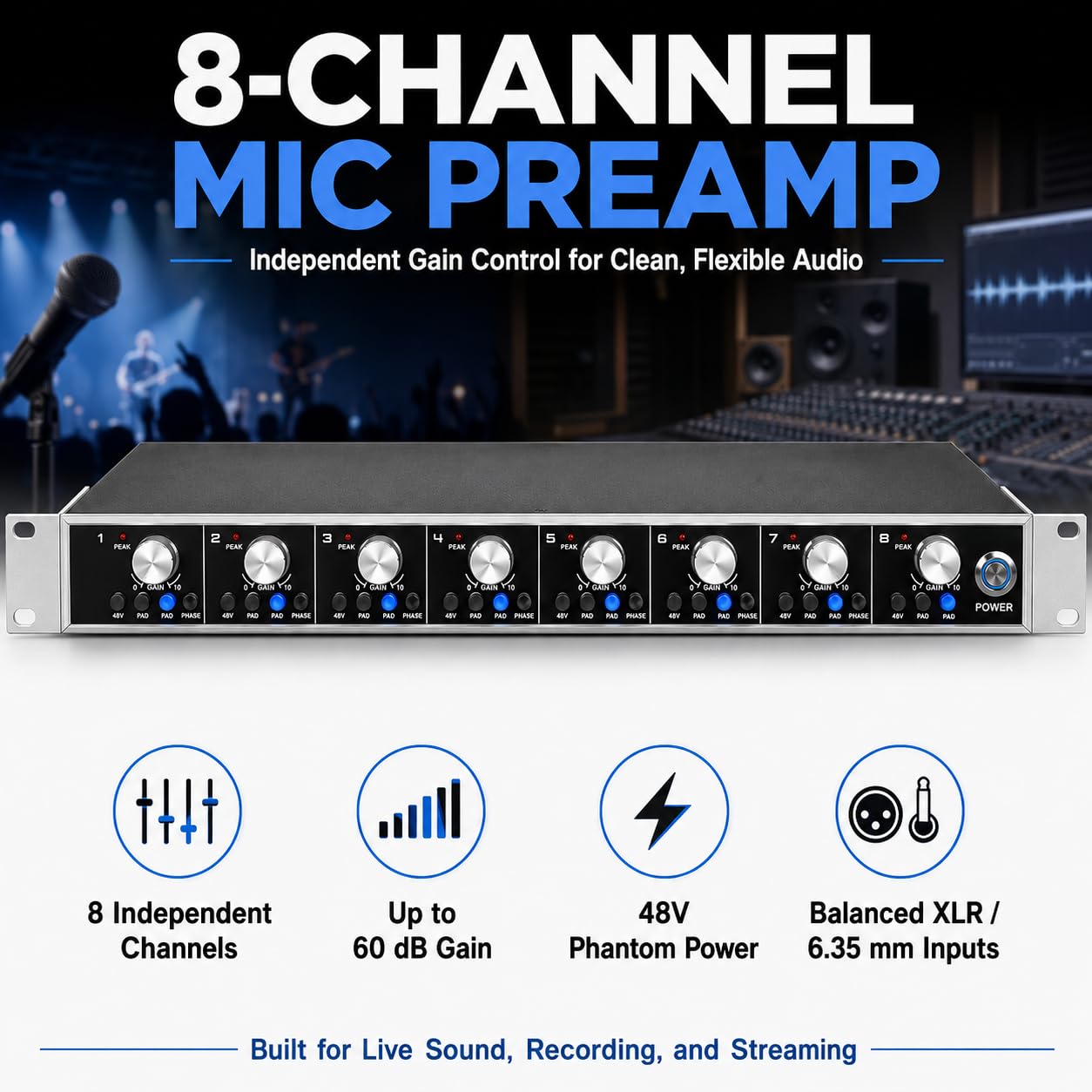 TsoLay Préampli Microphone 8 Canaux, Booster Gain Micro 60 DB avec Gain Propre, Alimentation Fantôme 48V, Inversion de Phase, Entrée XLR/6,35 mm pour Live, Streaming, Enregistrement et Scène