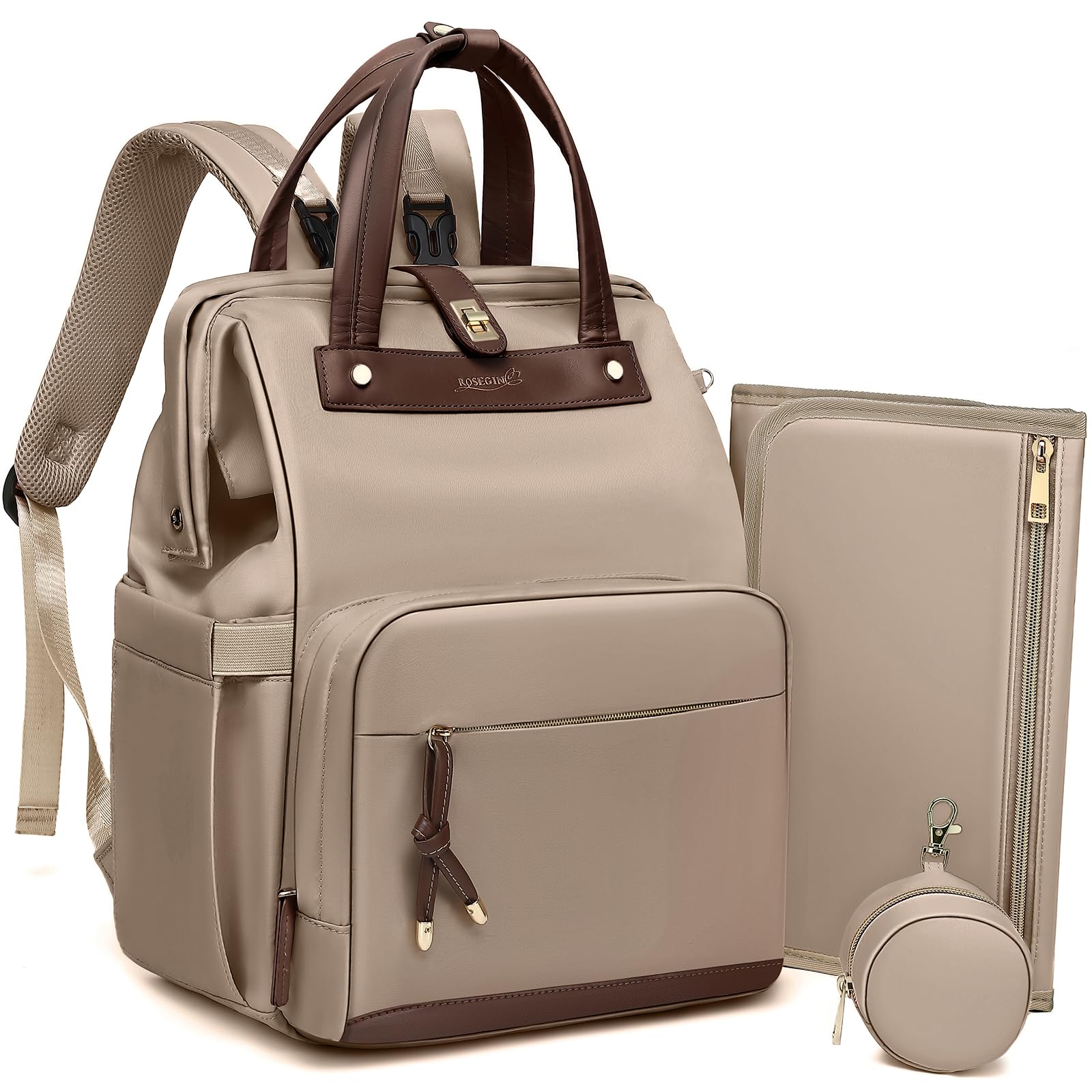 ROSEGIN Diaper Bag Backpack with Changing Pad & Pacifier Case – One-Handed Convenience, Fits 15.6" Laptop, Cute Baby Bag for Girls & Boys, Perfect