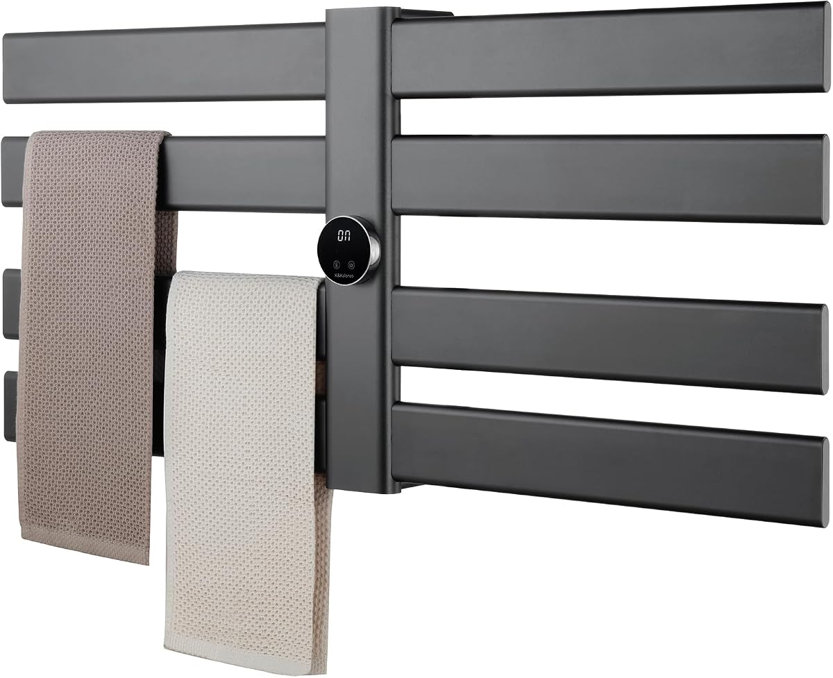 K&KALONZO Electric Towel Warmer Wall Mount Heated Rack Timer, 8-Bar,Black | Fast Heat in 2 Min, 3 Heat Levels, NTC Safety, Plug-in/Hardwired Aluminum Towel Warmer for Bathroom
