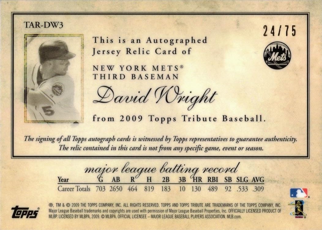 2009 Topps Tribute Relics Blue #TAR-DW3 David Wright Certified Autograph Game Worn Mets Jersey Baseball Card White Swatch - Only 75 made!