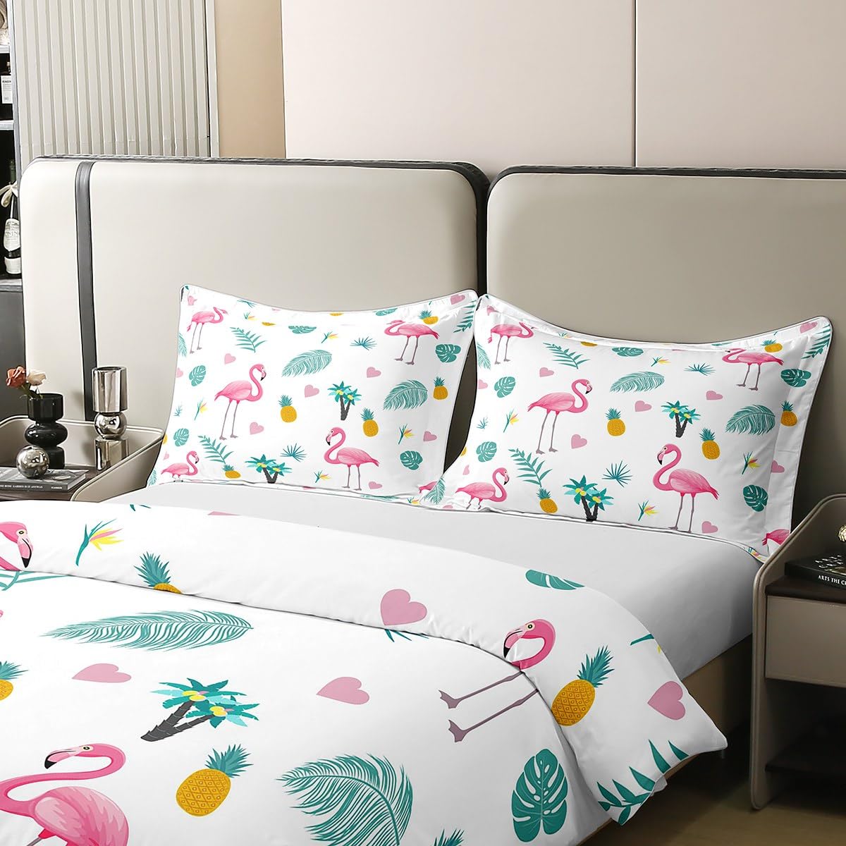 Loussiesd Bettwäsche Tropisch Flamingo Blätter Bettbezug Set Tropisch Flamingo Blätter Bettwäsche 135x200cm 100% Baumwolle mit 1 Kissenbezug Reißverschluss