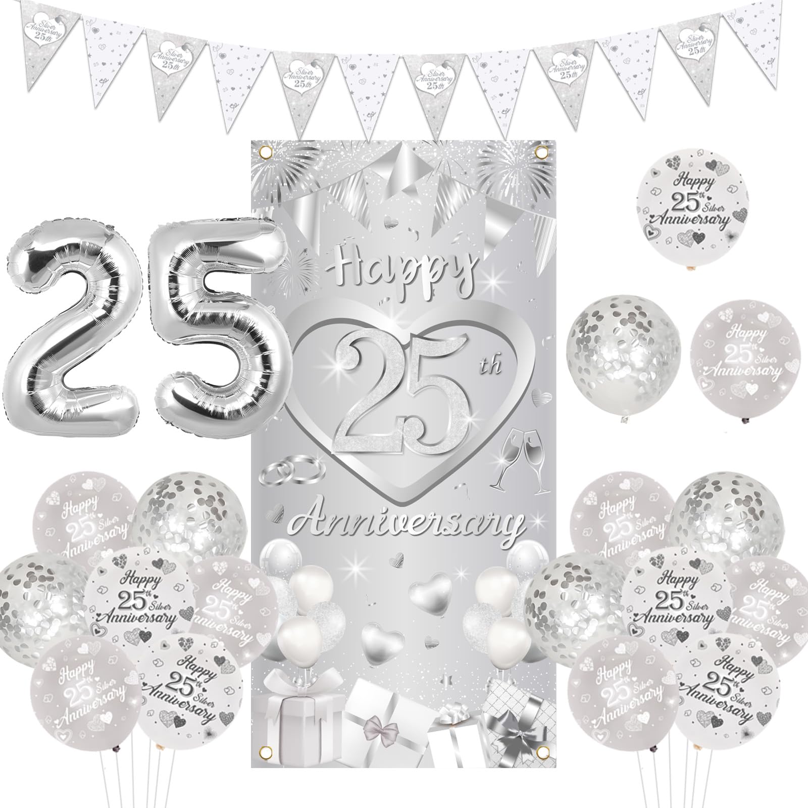 kreat4joy Decoraciones de 25 aniversario de boda, telón de fondo plateado con bandera triangular para puerta y globos, globo de aluminio número 25 para fiesta de aniversario de boda plateada