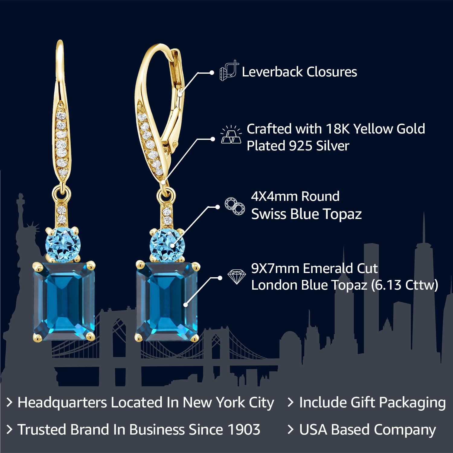 Gem Stone King 18K Yellow Gold Plated Silver London Blue Topaz and Swiss Blue Topaz Dangle Earrings For Women (6.13 Cttw, Gemstone November Birthstone, Emerald Cut 9X7MM) - Image 2