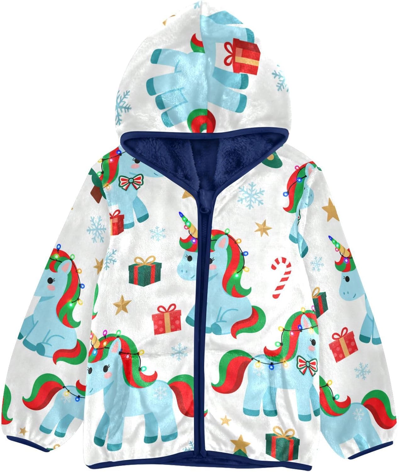 Merry Christmas Blue unicorns Light Jackets Toddler Children Plush Outerwear Navy Blue Baby Boy Zipper Hoodie
