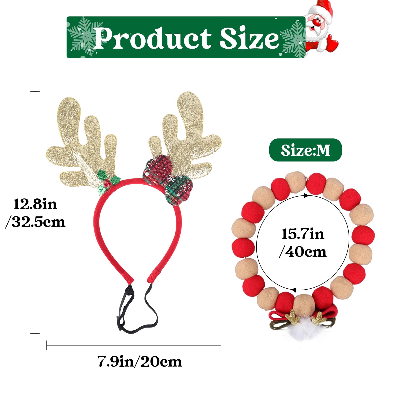 Cat Dog Christmas Outfit, Pet Christmas Costume, Christmas Pet Headwear, Xmas Small Dog Dress up, Christmas Reindeer Antlers Hat, Christmas Pom Pom Collar for Puppy Dog Cat - Image 2