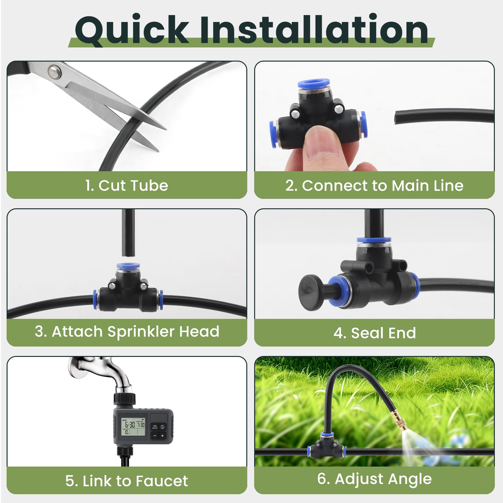 Kit di irrigazione automatica a goccia da 60 m con timer dell'acqua, sistema di irrigazione da giardino con spray pieghevole a 360°, ugelli atomizzanti regolabili in rame per cortile, prato, aiuola
