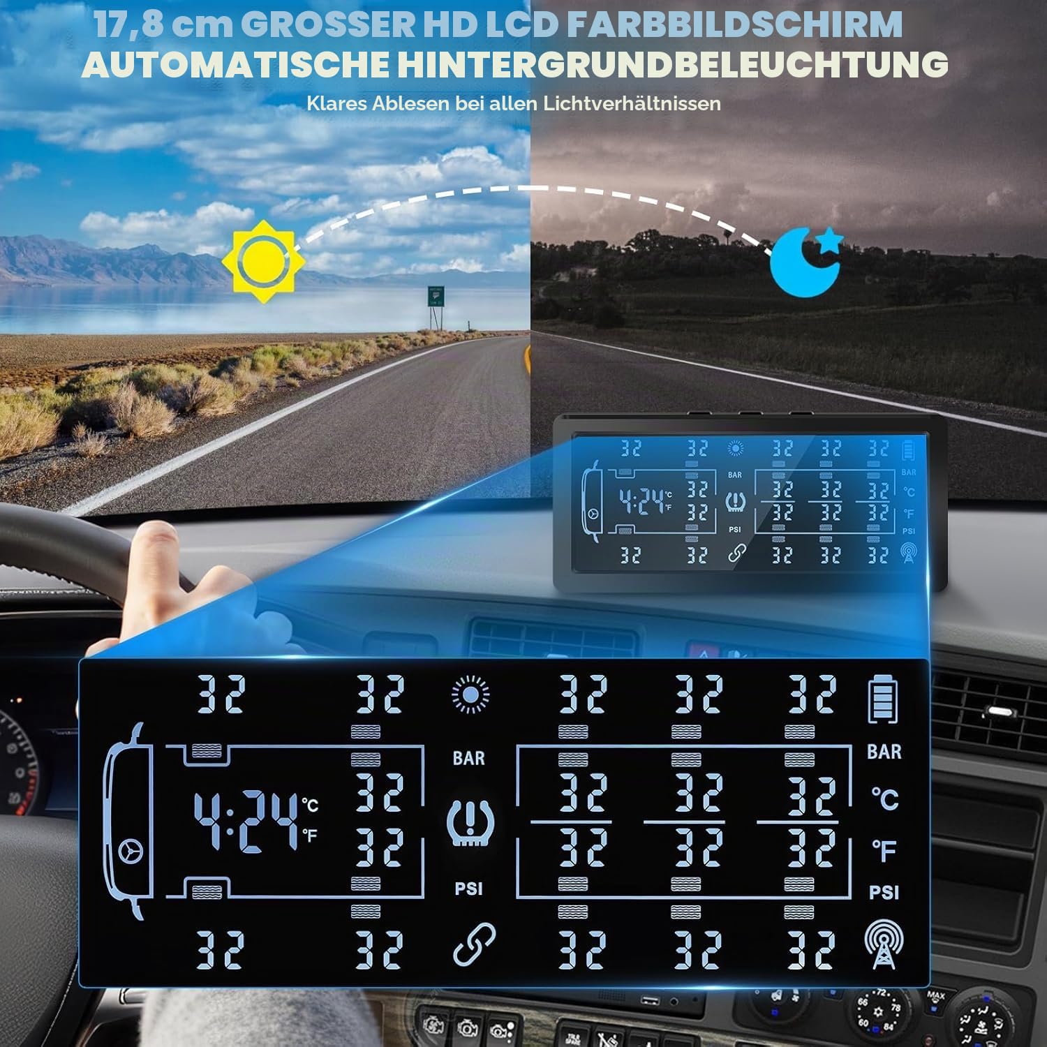 0-188PSI TPMS für 4-6-8-10 Räder Reifendruckkontrollsystem Solar USB Aufladen Reifendruckmonitor mit 8 externen Sensoren, LCD-Display and Sprachalarm, Passt Auto LKW Anhänger Wohnwagen