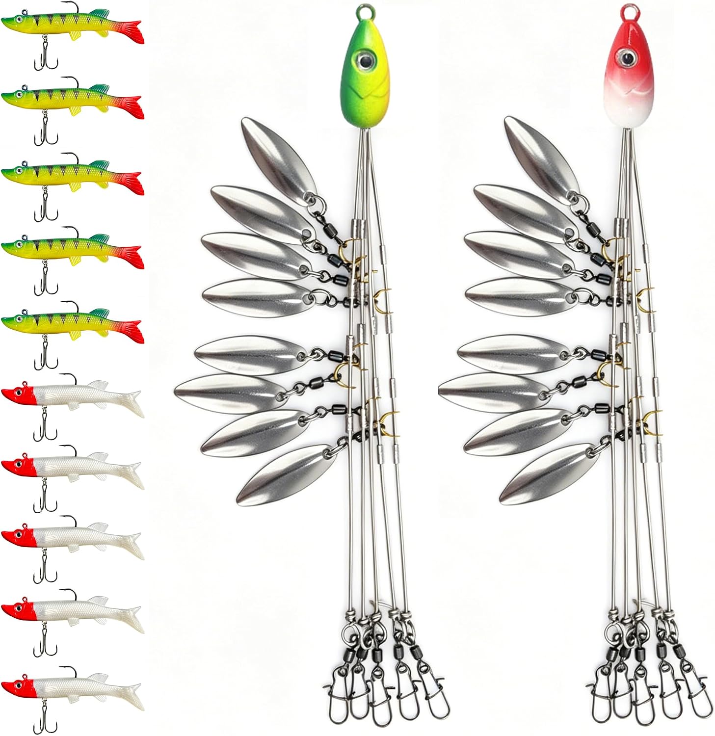 2 Pack Alabama Rig Kit – 5 Arms 8 Blades Umbrella Rig, 2 Rigs+10 Jig Heads | Swimbaits for Striper & Bass Fishing