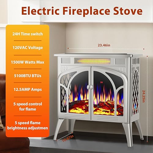 Miniatura 2 de ZAFRO Calentador de chimenea eléctrico, chimenea independiente de 5,100 BTU con control remoto y función de temporizador, color de llama ajustable,