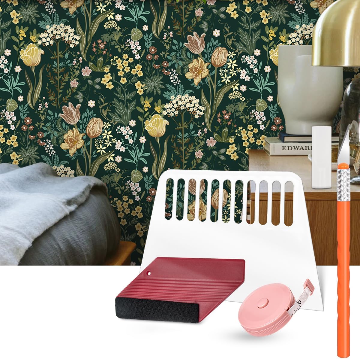 Dark Green Floral Wallpaper+Wallpaper Smoothing Tool Kit