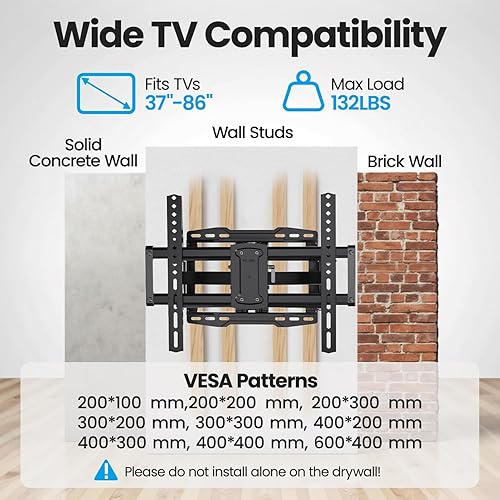Miniatura 5 de Soporte de pared para TV de movimiento completo para soportes de TV de 37 a 86 pulgadas de hasta 132 libras y soporte de pared para TV para la
