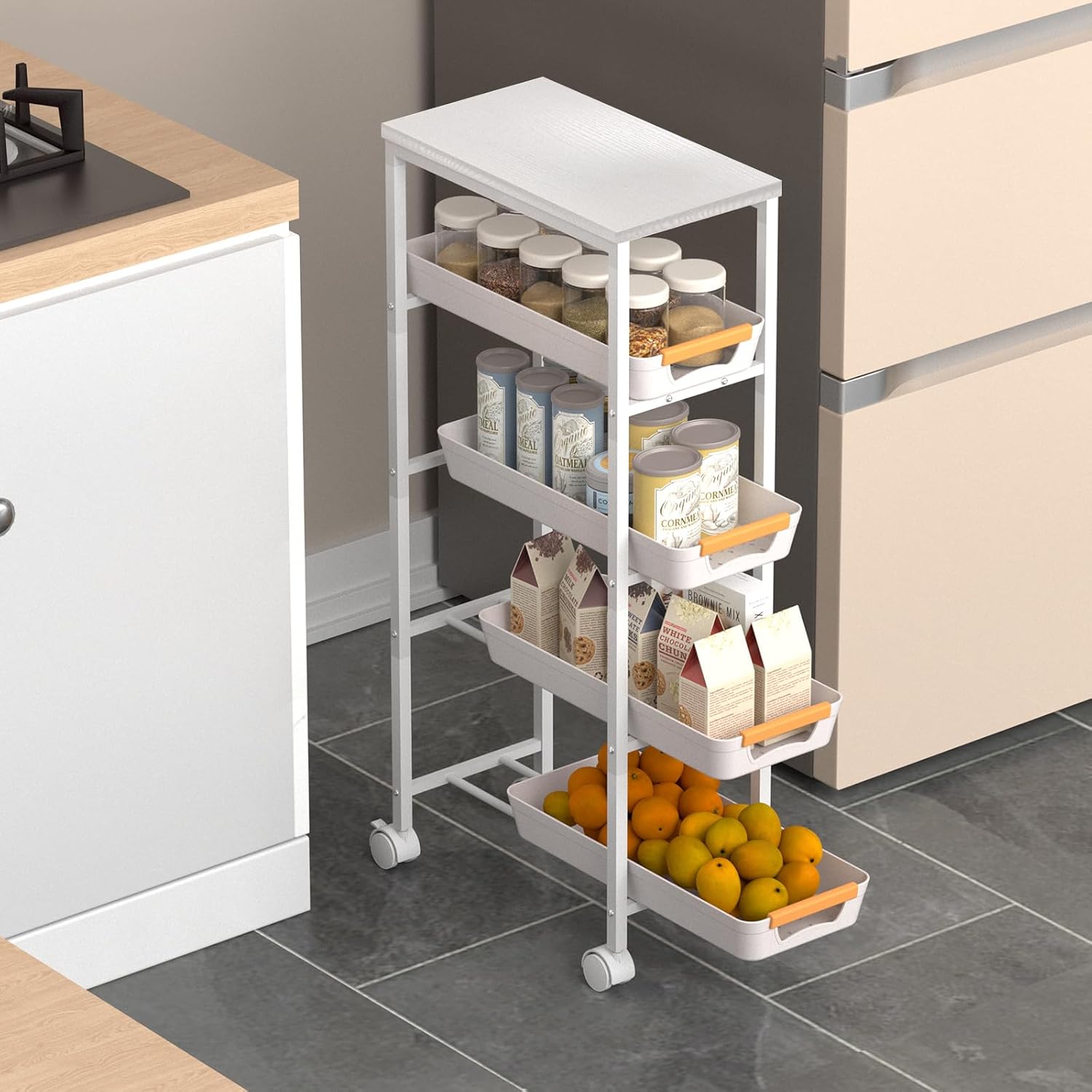 5 Tier Slim Rolling Utility Cart with Drawers Pull-Out Design Slim Storage Cart with Metal Frame and Wooden Top for Narrow Space in Home Kitchen Bathroom White (Width 8.1 Inches)