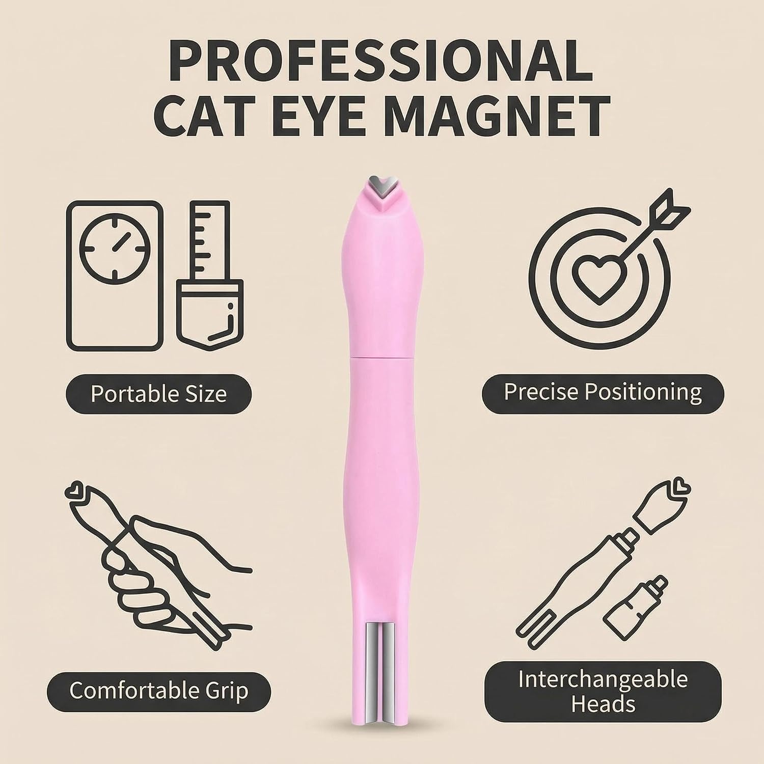 3 in 1 Cat Eye Nail Magnet, Versatile Magnet Tool for Cat Eye Polish Heart Shaped Round Multifunctional Accessories for Studio Home DIY Salo (Pink)