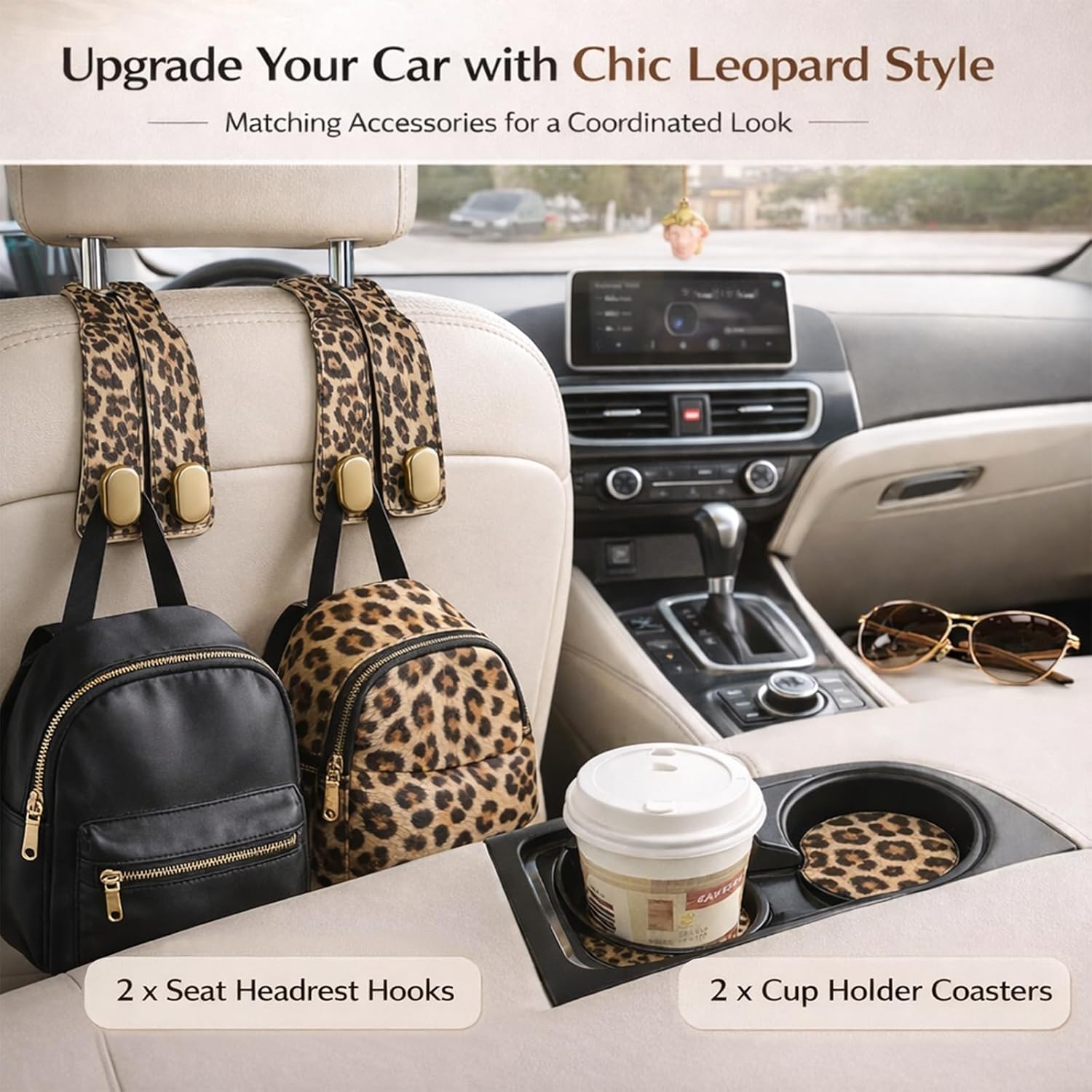 Leopard Print Car Accessories for Women, Leopard Car Accessories Set with 2 Car Seat Headrest Hooks and 2 Cup Holder Coasters, Cute Car Interior Decor for Purses, Bags and Stylish Car Gifts