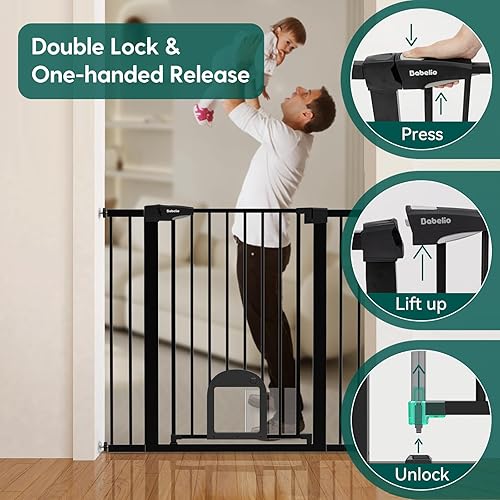 Miniatura 3 de Babelio Puerta de bebé mejorada con puerta para gatos, puerta duradera de 29-43 pulgadas para perros, para escaleras, puertas y casa, puerta de