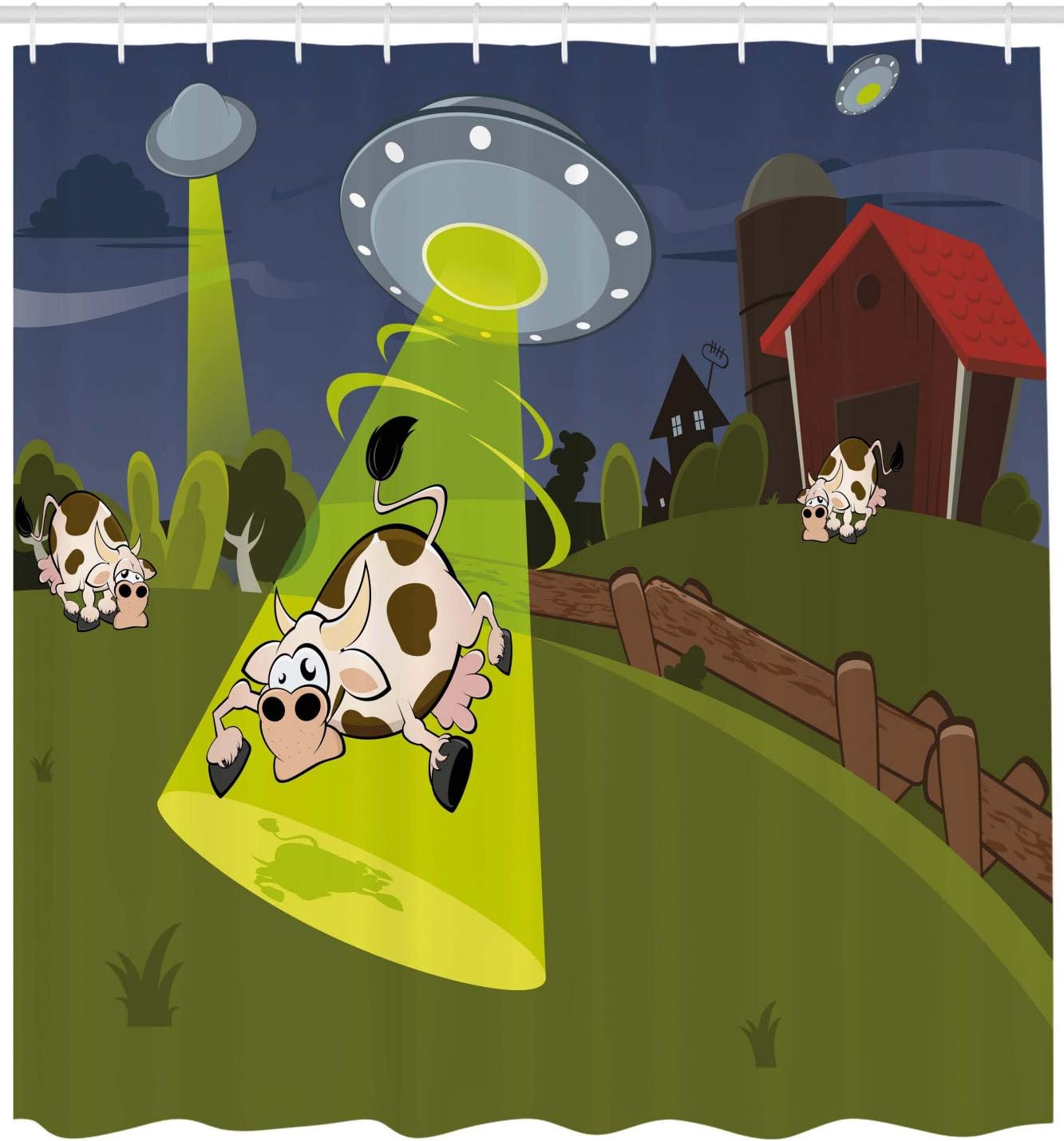 Ambesonne Cartoon Shower Curtain, Farm Warehouse Grass Fences Cow Alien Abduction Funny Comics Image Art Print, Cloth Fabric Bathroom Decor Set with Hooks, 69" W x 84" L, Slate Blue Lime Green