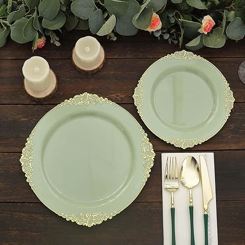 Miniatura 7 de Efavormart - Paquete de 10 platos llanos redondos de plástico de 10 pulgadas en verde salvia vintage, platos desechables barrocos en relieve de