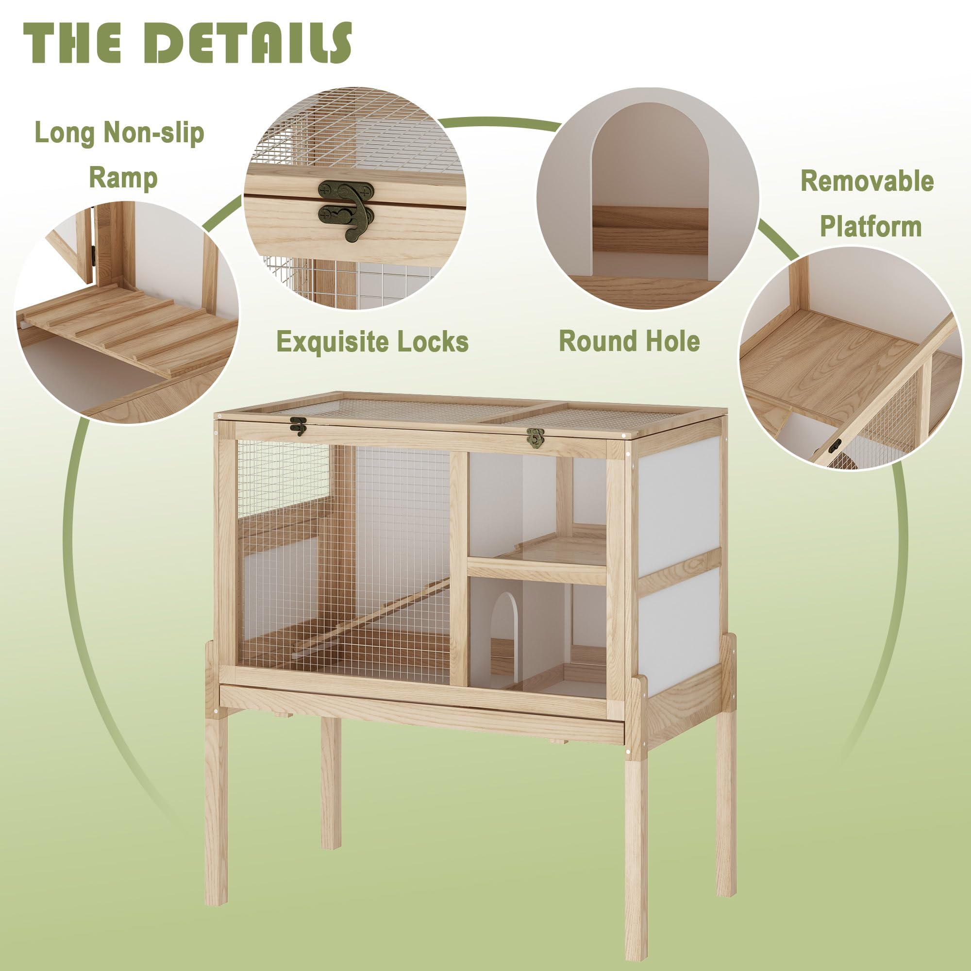 Guinea Pig House for 2 with Stand, Small Animals Rabbit Cages with a Pull Out Tray, Wooden 2-Story Indoor Large Hamster Habitat Playpen with Ramp, Hideout, Platform