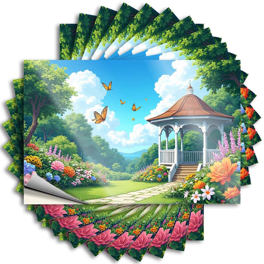 Tattoos Encouragement, Birthday Bottle A Picturesque Garden with A Gazebo, Vibrant Flowers, and Fluttering Butterflies | Core(8X12CM)