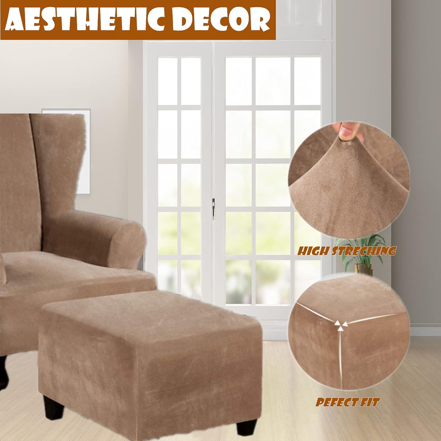 Velvet Ottoman Slipcover Stretch Square Footstool Slipcover Folding Storage Ottoman Covers for Living Room with Elastic Bottom (Leather)