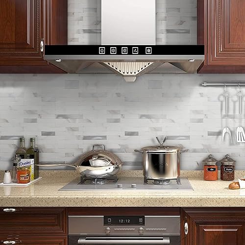 Miniatura 4 de STICKGOO - Loseta en muro para despegar y pegar, azulejos de pared de PVC para pegar en cocina (5 láminas, statuario blanco con plateado metálico)