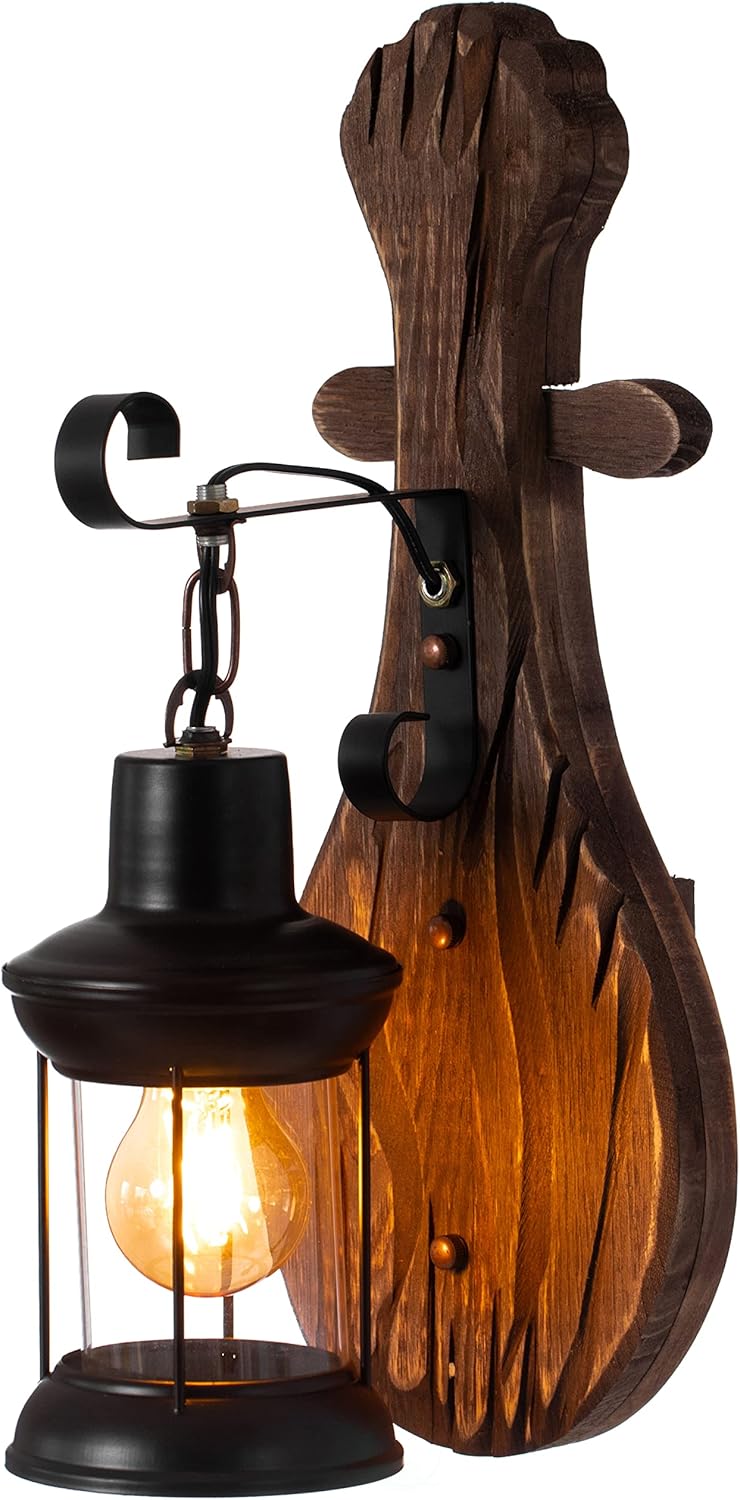 Quickway Imports Vintage Industrial Unique Shape Wooden Wall Lamp, Wall Sconce Light for Home, Restaurant or Bar